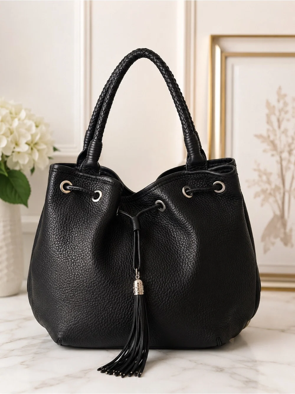 Cole Haan Black Pebbled Leather Bucket Bag Drawstring Tassel Braided Handle Tote
